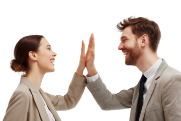 Man and woman in business attire giving each other a high five isolated on a transparent background people