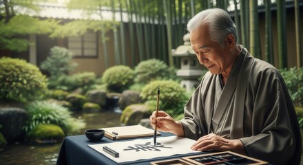 An elderly Asian man practices traditional calligraphy in a serene Japanese garden, symbolizing culture and tranquility.