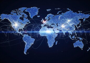 A glowing blue world map with interconnected lines and light points, symbolizing global communication and network.