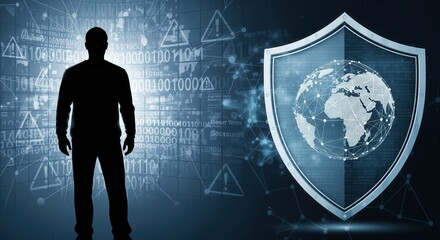 A silhouette of a person standing before a global shield hologram and digital warning signs, symbolizing cybersecurity threats and protection.