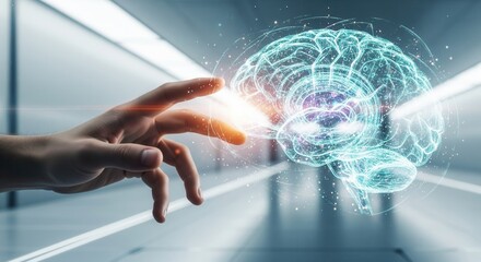 A hand reaches out to a glowing blue holographic brain, symbolizing artificial intelligence and advanced technology.