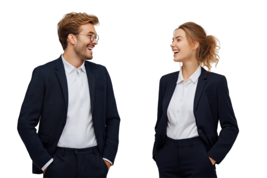 Man and woman in dark blue suits laughing and looking at each other isolated on a transparent background
