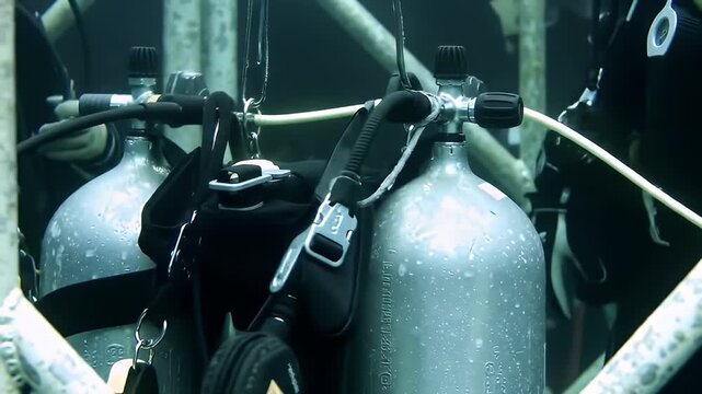 Underwater scene of scuba diving tanks and gear, water droplets visible on the tanks