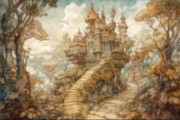 Naklejka premium A fantastic castle on top of a hill, surrounded by a fairytale forest. A spiral staircase leads to a majestic building with carved turrets and graceful architecture. 