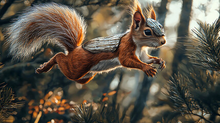 Fototapeta premium Cinematic portrait of a whimsical red squirrel with natural armor jumping between tree branches in a magical autumn woodland.
