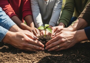 A diverse group of hands, including children's, gently cupping a small green seedling in rich soil.