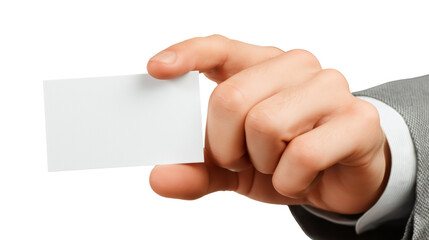 Fototapeta premium Man holding blank white business card in his fingers isolated on a transparent background hand