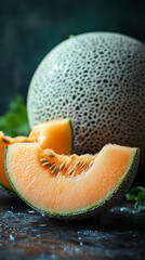 Fresh cantaloupe slices with whole melon and green leaves in a dark setting