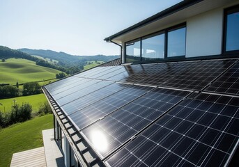A modern house with an expansive array of solar panels on its roof, set against green hills and a blue sky.