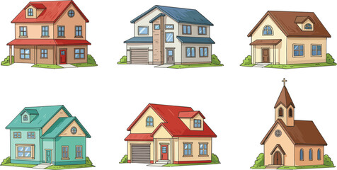 Hand-Drawn House and Church Illustration Set, Colorful Cartoon Architecture, Residential and Religious Buildings for Real Estate, Design, and Education