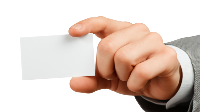 Man holding blank white business card in his fingers isolated on a transparent background hand