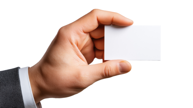 Man's hand holding a blank white business card isolated on a transparent background image