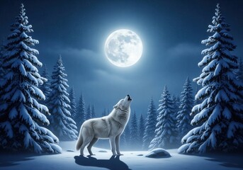 A white wolf howls at a full moon in a snow-covered forest of pine trees, creating a magical winter scene.