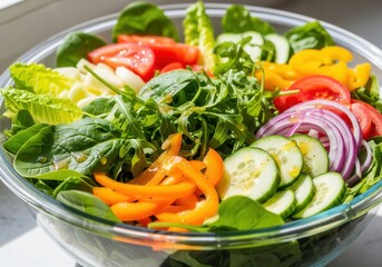 A fresh, colorful mixed salad in a clear glass bowl, featuring various vibrant vegetables.