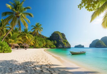 Obraz premium A pristine tropical beach with white sand, turquoise water, palm trees, and limestone karsts.