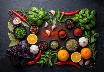 A rich assortment of colorful spices, herbs, garlic, and oranges arranged on a dark textured surface.