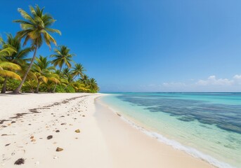 A pristine tropical beach with white sand, turquoise water, and lush palm trees under a clear sky.