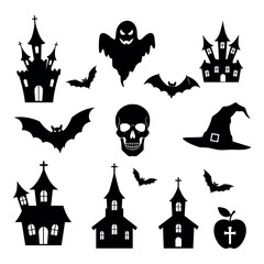 Halloween Silhouette Vector Set Spooky Castles Bats Ghosts & Skulls