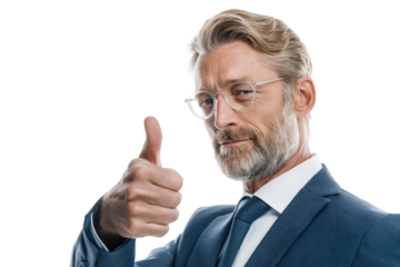 Mature man in blue suit and glasses giving thumbs up gesture isolated on a transparent background adult