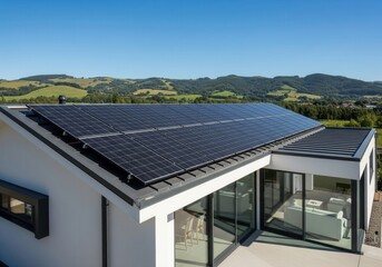 Fototapeta premium A modern house with a large solar panel array on its roof, surrounded by green hills.