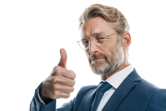 Mature man in blue suit and glasses giving thumbs up gesture isolated on a transparent background adult