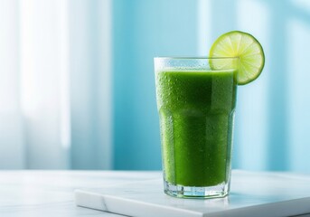 A vibrant green smoothie or juice in a tall glass, garnished with a fresh lime slice.