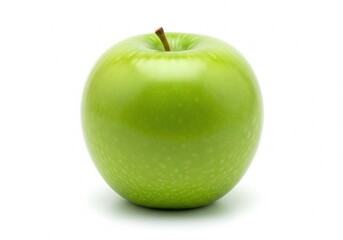 A single vibrant green apple with a short brown stem, isolated on a clean white background.