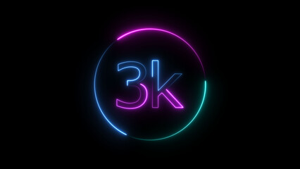 Glowing neon 3K text illustration on black background. Glowing neon line 3k Ultra HD icon isolated.
