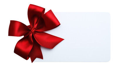 Red satin bow adorns white blank gift tag with rounded corners isolated on a transparent background ribbon