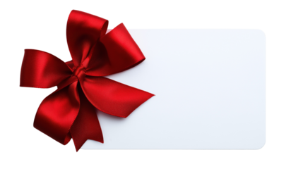 Red satin bow adorns white blank gift tag with rounded corners isolated on a transparent background ribbon