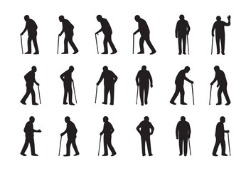 Elderly Man Walking with Stick Silhouette Set