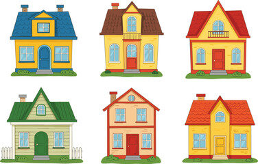 Hand-Drawn House and Church Illustration Set, Colorful Cartoon Architecture, Residential and Religious Buildings for Real Estate, Design, and Education