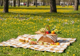 A wicker picnic basket on a checkered blanket in a sunny meadow with wildflowers.