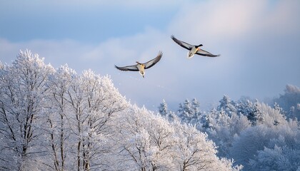 two graceful birds soar above a serene snowy landscape their wings outstretched against a backdrop of glistening white snow and frosty trees