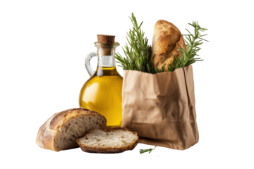 Rustic bread loaf bottle of olive oil and rosemary in paper bag isolated on a transparent background