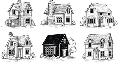 Hand-Drawn House Sketch Set, Vintage Architectural Illustrations, Black and White Home Designs for Real Estate, Blueprint, and Creative Projects