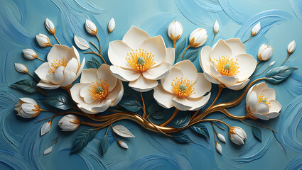 A beautiful arrangement of sculpted white flowers with yellow centers on a textured blue impasto background, a serene floral design.