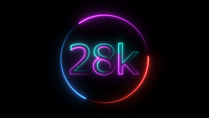 Glowing neon 28K text illustration on black background. Glowing neon line 28k Ultra HD icon isolated.