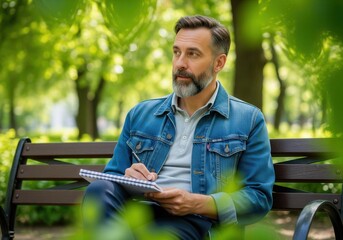 Obraz premium A thoughtful man with a beard sits on a park bench, writing in a notebook amidst green foliage.