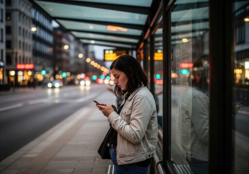 A young woman checks her phone at a bus stop in a city at dusk or night.