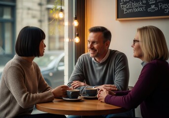A diverse group of three friends sits around a table in a cafe, engaged in conversation.
