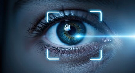 A detailed close-up of a blue human eye with a bright light beam for biometric scanning.