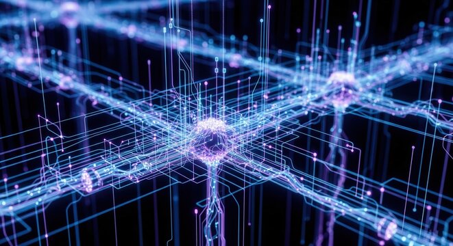 A mesmerizing network of glowing blue and purple lines represents data flow or neural connections.