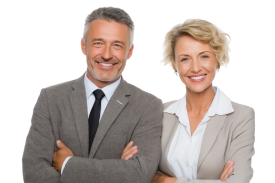 Smiling man and woman in business suits with arms crossed isolated on a transparent background image 1