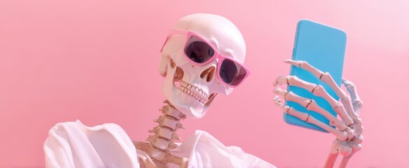 The playful skeleton taking a selfie with a smartphone against a pink background.