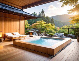 Serene mountain retreat with onsen pool and lush scenery for ultimate relaxation