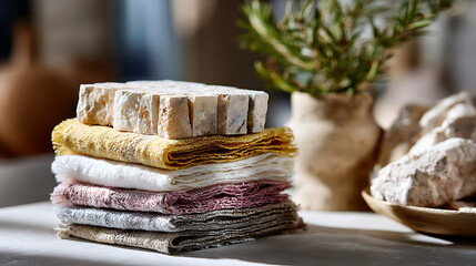 Elegant Stone Tile and Linen Napkin Arrangement Modern Kitchen Setting Still Life Photography Bright and Airy Environment Close-up View Home Decor Concept