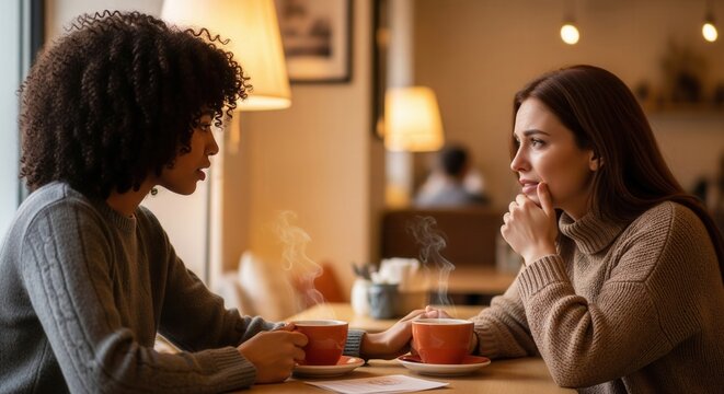 Two women deeply engaged in conversation over coffee at a cozy cafe. - Powered by Adobe