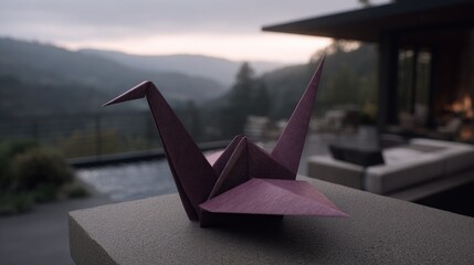 Purple origami crane on a stone surface with a mountain backdrop.