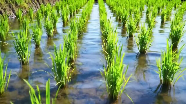 Rows of vibrant green rice plants sprout from watery paddy field under sunlight
